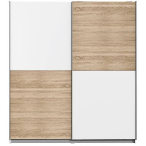 Armoire murale de salle de bain contemporaine décor chêne et blanc – Dimensions L 170,3 x H 190,5 cm – 2 portes coulissantes – 5 tablettes et 2 tringles (1/7)