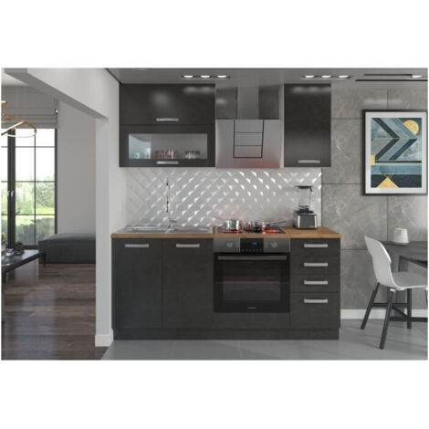Cuisine complète 180 cm avec meuble four – 6 éléments – Panneaux mélaminés – Coloris gris béton – Chants PVC 2 mm (1/7)