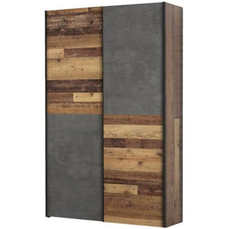 Les Tendances – Armoire 2 portes coulissantes 120x42x190,5 cm – Panneaux de particules – Finition vieux bois vintage et béton gris foncé – 6 tablettes