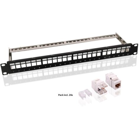 Kit de Panneau de Brassage Keystone 19 Pouces (48,3 cm), 24 Ports (1 U), incl. 24x modules CAT 6 (UTP). (1/6)