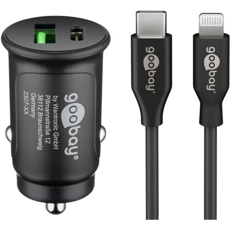 Dual USB Kit de Chargeur Rapide pour Voiture Lightning (27 W), adaptateur de charge pour voiture avec 1x USB-C™ et 1x USB-A, câble USB-C™ à Lightning, 1 m, noir. (1/5)
