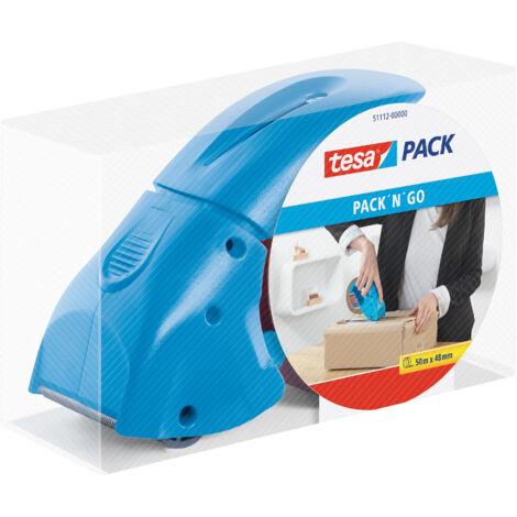 tesapack Distributeur Pack' n' Go - Distributeur manuel ergonomique bleu pour ruban adhésif pour colis - Comprend un ruban adhésif de 50 m x 48 mm (1/5)