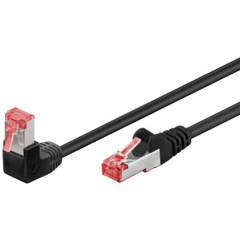 CAT 6 Câble Patch 1x 90° Coudé, S/FTP (PiMF), noir, 5 m, conducteur en cuivre (CU), gaine de câble sans halogène (LSZH), taquet d'arrêt en haut. Longueur de câble 5 m (1/3)