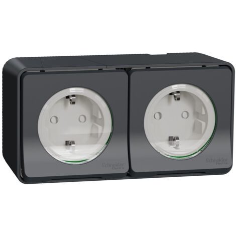 Schneider Electric – Prise de courant saillie 2P+T schuko précâblée IP55 IK08 – Laiton et polycarbonate – 16A 250V – Montage sans vis – Gris RAL 7016 (1/3)