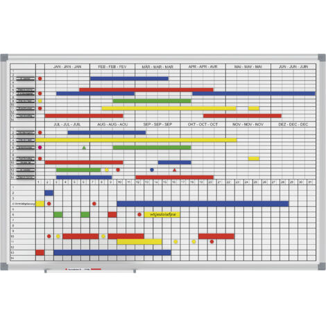 Planning mensuel/annuel magnétique 900x600mm – Acier laqué blanc – Cadre aluminium anodisé argent – Surface effaçable à sec – Kit accessoires inclus – Maul