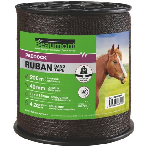 Ruban marron 40 mm – 200 m polyéthylène traité anti-UV – Résistance mécanique 180 kg – Conducteur inox 0.15 mm pour clôture électrique – Ukal