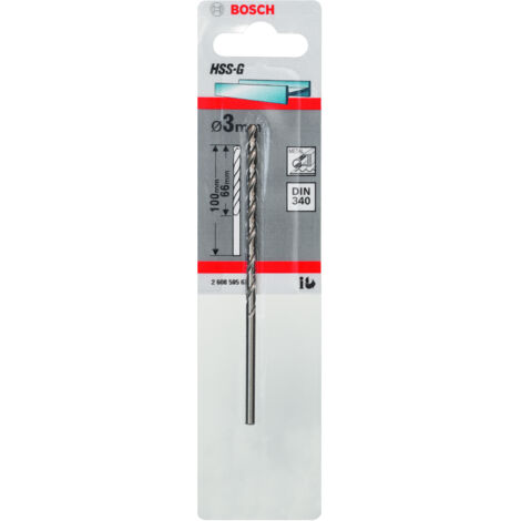 Bosch – Foret hélicoïdal HSS-G DIN 340 3 x 66 x 100 mm – Pour acier, fonte et plastique dur – Pointe de centrage automatique – Perçage rapide - 2608595676