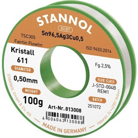 Stannol Kristall 611 Fairtin Étain à souder sans plomb sans plomb Sn96,5Ag3Cu0,5 REM1 100 g 0.5 mm (1/4)