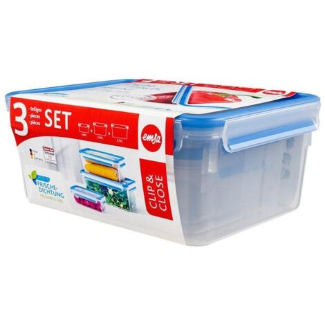 Emsa Clip &amp Close Set de 3 conservateurs rectangulaires hermétiques en plastique, hygiénique, ne retient pas les odeurs ni les saveurs 100% sans BPA, transparent et bleu, 1 L/2,3 L/3,7 L (1/10)