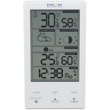 Station météo numérique Blanc – Alimentation secteur – Hygromètre et thermomètre intérieur/extérieur – Explore Scientific – Oregon Scientific