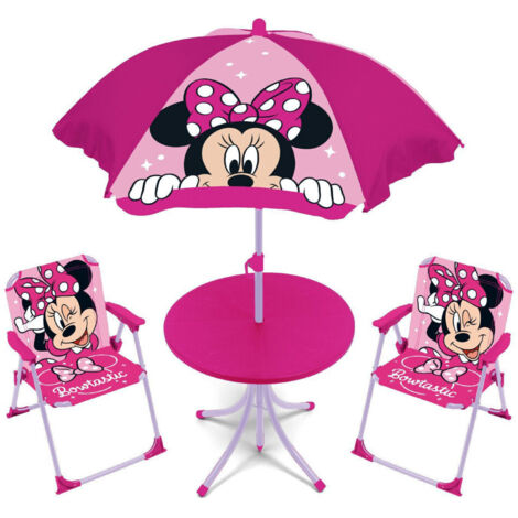 Set de jardin Minnie Fuchsia – Ensemble table 50x50cm et 2 chaises 38x32cm – Parasol 110cm – Toile polyester et tubes métalliques – Arditex (1/3)