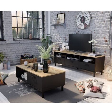 Ensemble de meubles de salon – Meuble TV 159 cm et table basse L110 cm – Mélaminé noir mat et chêne rustique – Style industriel – Oxford