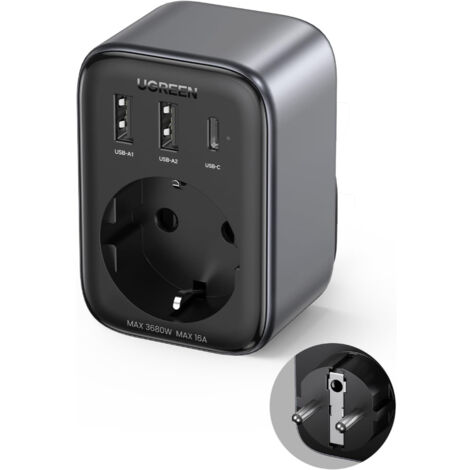 Chargeur mural 2 en 1, adaptateur secteur UE 13 A, 2 ports USB-C 30 W, prise UE, noir (1/10)