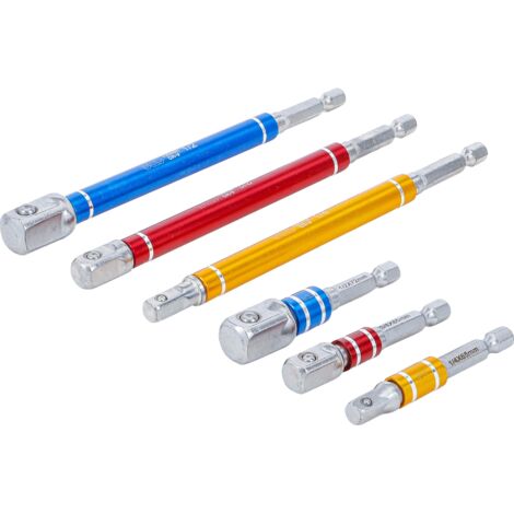 BGS Jeu d'adaptateurs pour perceuses couleur entraînement six pans extérieurs 6,3 mm (1/4") sortie carré extérieur 6,3 mm (1/4") / 10 mm (3/8") / 12,5 mm (1/2") 75 - 150 mm 6pcs - 74424 (1/4)