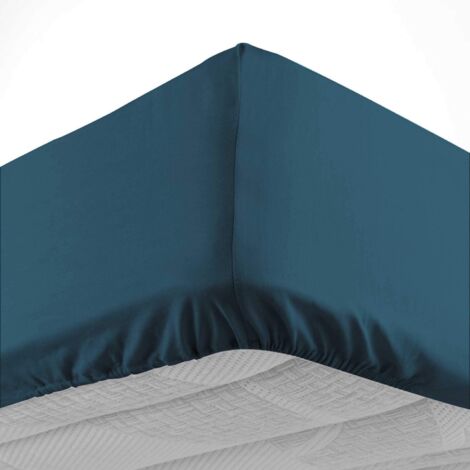 Drap-housse 1 personne 90 x 190 cm coton 57 fils LINA Bleu – Bonnet 30 cm