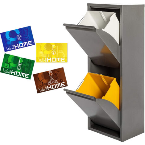 WELL HOME FURNITURE & DECORATION Poubelle et poubelle métallique 2 compartiments + 4 étiquettes magnétiques, 2x17L (34L) Gris brillant (1/5)