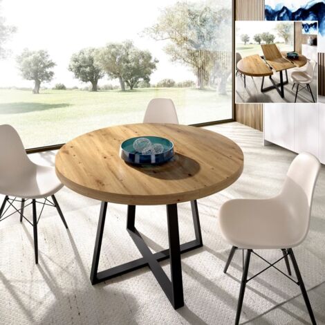 Table ronde extensible 4 à 6 personnes – Chêne nordique – Dimensions L110 x P110/158 x H77 cm – Pieds métal finition mate (1/10)