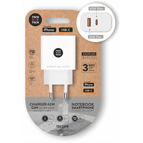Chargeur ultra-rapide eKo pour appareils mobiles et ordinateurs portables USB-C 65 W GaN et USB-A 18 W Blanc (câble inclus) (1/2)