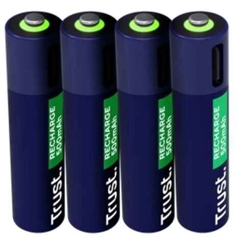 Trust AAA USB-C Rechargeable Batteries 4 Pieces, port USB-C intégré, pas de chargeur nécessaire de Batterie, capacité 500 mAh, chargement avec Cable USB inclus/chargeur de Téléphone, paquet de 4 (1/3)