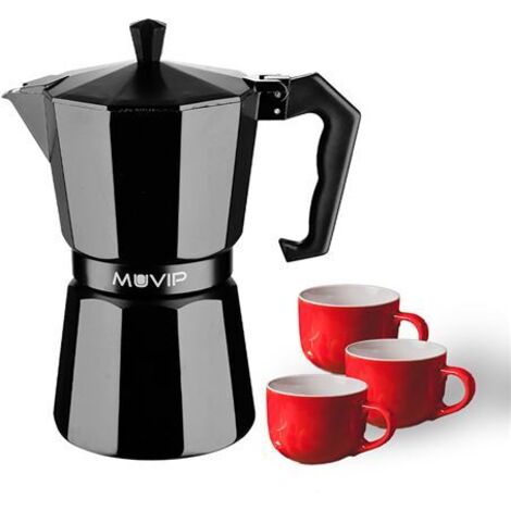 MUVIP - Machine à café de aluminium MV0606, capacité de 3 tasses, poignée ergonomique, antiadhésif, compatibleavec les cuisinières électriques, vitrocéramiques et à gaz, couleur noir mat. (1/3)
