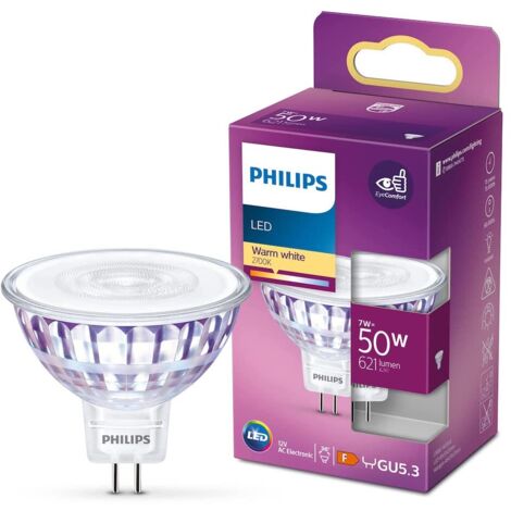 Philips – Ampoule LED GU5.3 7W blanc chaud – Équivalence 50W – 621 lm – Durée de vie 15000 h – Design en verre (1/10)