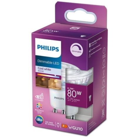 Philips ampoule LED Spot GU10 80W Blanc Froid Compatible Variateur, Verre