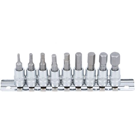– Jeu de 9 douilles à embout 6,3 mm – Acier chrome-vanadium – Tailles 3/32' à 3/8' – Rail métallique inclus (1/5)