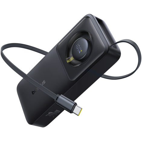 Batterie externe Free2Pull 10 000 mAh 30 W avec port USB-C et câble USB-C rétractable - Noir