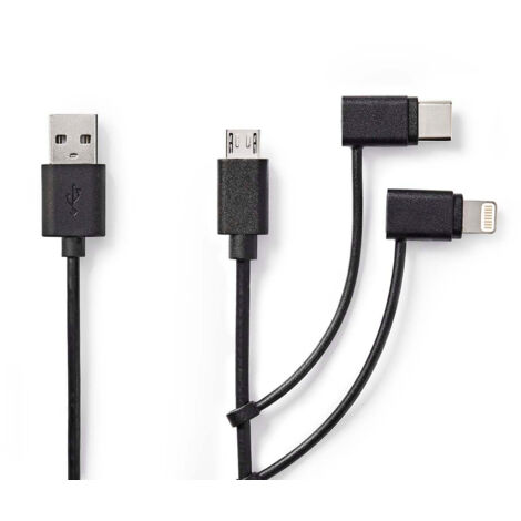 Cable 3 en 1 usb 20 usb a male apple lightning 8 broches usb micro b male usb c male 480 mbps 100 m nickele rond pvc noir label (1/4)