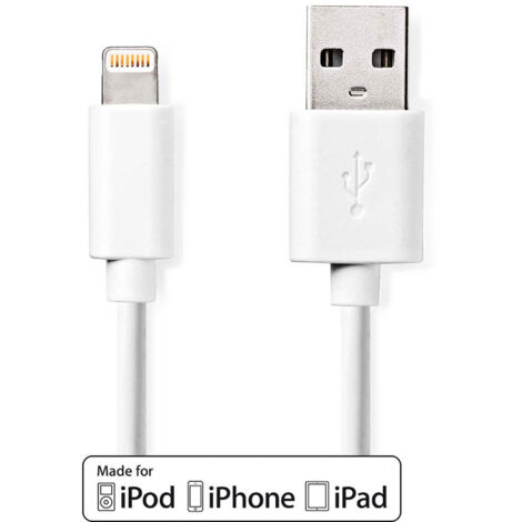Cable lightning usb 20 apple lightning 8 broches usb a male 480 mbits nickele 300 m rond pvc blanc etiquette (1/4)