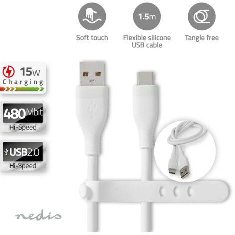 CCGB60800WT15 Câble USB USB 2.0 USB-A Mâle USB-C Mâle 15 W 480 Mbps Plaqué nickel 1.50 m Rond Silicone Blanc Boîte (1/5)