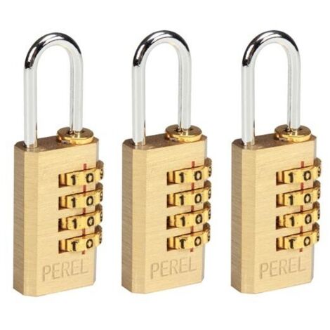 Perel – Jeu de 3 cadenas à combinaison 20 mm – Laiton massif – Anse en acier chromé – Sécurité 4 chiffres – SLKCSET