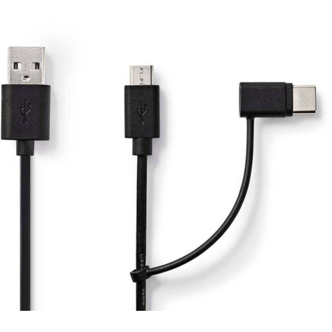 Cable 2 en 1 usb 20 usb a male usb micro b male usb c male 480 mbps 100 m plaque nickel rond pvc noir label (1/3)