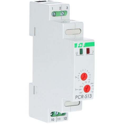 Relais temporisé PCR-513 monofonction-inverseur (mise en marche retardée), contacts : 1P, U=230V, I=10A, 1 module (1/3)