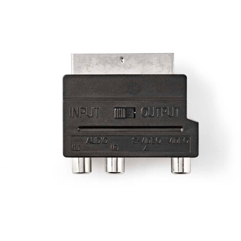 Adaptateur peritel scart male s video female 3x rca female plaque nickel commutable abs noir 1 pieces boite (1/4)