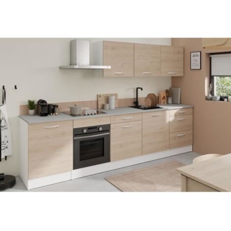 Cuisine complète 300 cm – Décor chêne – Plan de travail gris 22mm – Tiroirs avec coulisses à billes – Fabrication française
