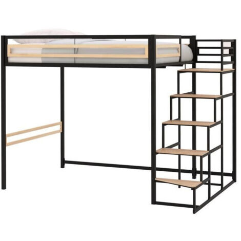 Lit mezzanine 140x190 cm en métal noir – Sommier inclus – Dimensions totales L242 x P146 x H182 cm – Pour espaces restreints (1/6)
