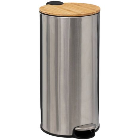 Poubelle 30 Litres en Métal Inox et Couvercle en Bambou - Five