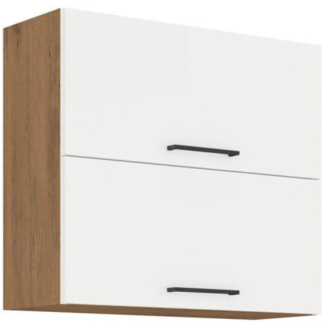 ROCK - Meuble haut - Mélaminé chene Lancelot et Blanc brillant - 80 cm - 2 portes basculantes (1/2)