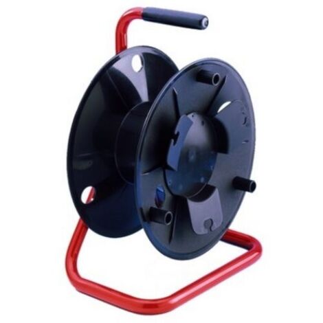 Enrouleur électrique 100m – Longueur câble 10mm – 4 prises IP44 – Cadre acier rouge – Version frein pour chantiers humides – Adam Hall
