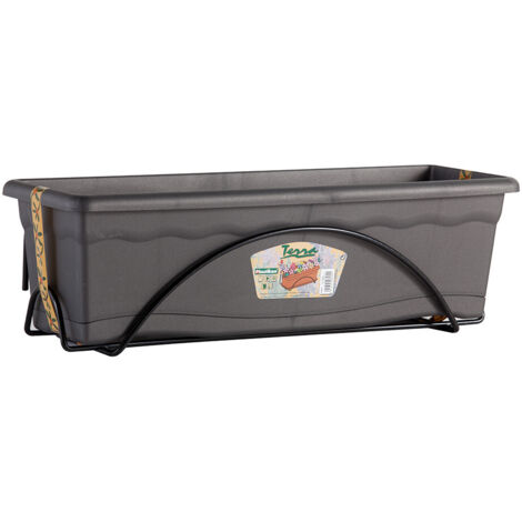 Jardinière anthracite 60x24x22 cm avec support métallique intégré – Résistante aux intempéries et UV – Plaque de rétention d'eau – Plastiken
