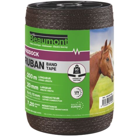 Beaumont – Ruban marron 20 mm – 200 m – Polyéthylène traité anti-UV – Résistance 90 kg – Pour enclos équins
