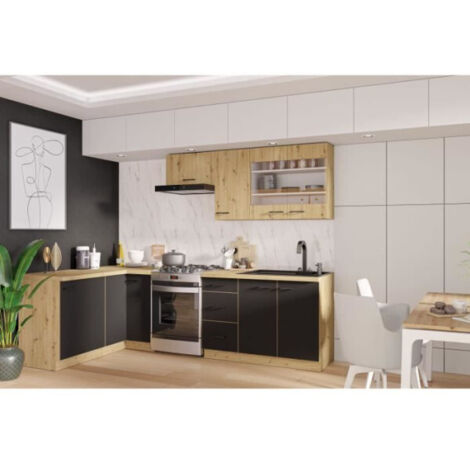 Cuisine complète 210 x 150 x 82 cm – Chêne artisan / Noir mat – Plan de travail non inclus – Conçue pour espaces modernes – 1000Brico (1/5)