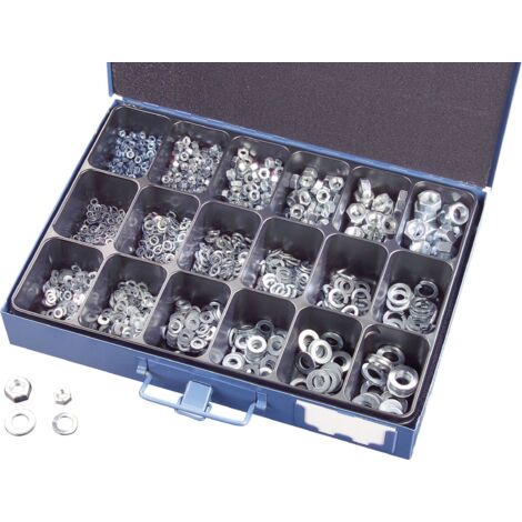 Assortiment de 1800 écrous et rondelles – 600 rondelles plates DIN 125 – Coffret en acier – Pour écrous M4 à M12 - C97441 (1/2)