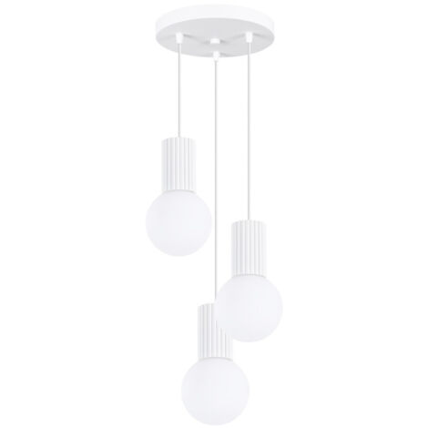 Suspension triple ronde moderne, blanche rainurée, boules de verre, pour salon, salle à manger, au-dessus de la table, 3 ampoules G9 8W, HALO Sollux Lighting (1/5)