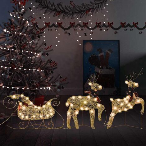 vidaXL Décoration de Noël Rennes avec traîneau 60 LED Extérieur Doré