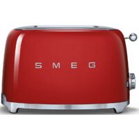 Smeg – Grille-pain rouge 2 tranches 950W – 6 niveaux de brunissement – Fonction réchauffage, décongélation, bagel – Tiroir ramasse-miettes amovible