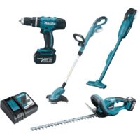 Makita – Pack de 4 outils électroportatifs DLX4093 – Perceuse visseuse à percussion, taille-haie, débroussailleuse, aspirateur – Batteries Li-Ion 18V incluses