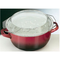 FRITEUSE PANIER AVEC COUVERCLE VERRE VOLCAN ACIER EMAILLE VITRIFIE BORD CERCLAGE INOX . ANSES BAKELITE. COULEUR NOIR ET ROUGE D