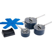 Set deSpace™ Casseroles, Joseph Joseph, 3 pièces, Poêles antiadhésives, rangement efficace, poignées pliables, sécurité induction, design bleu nuit